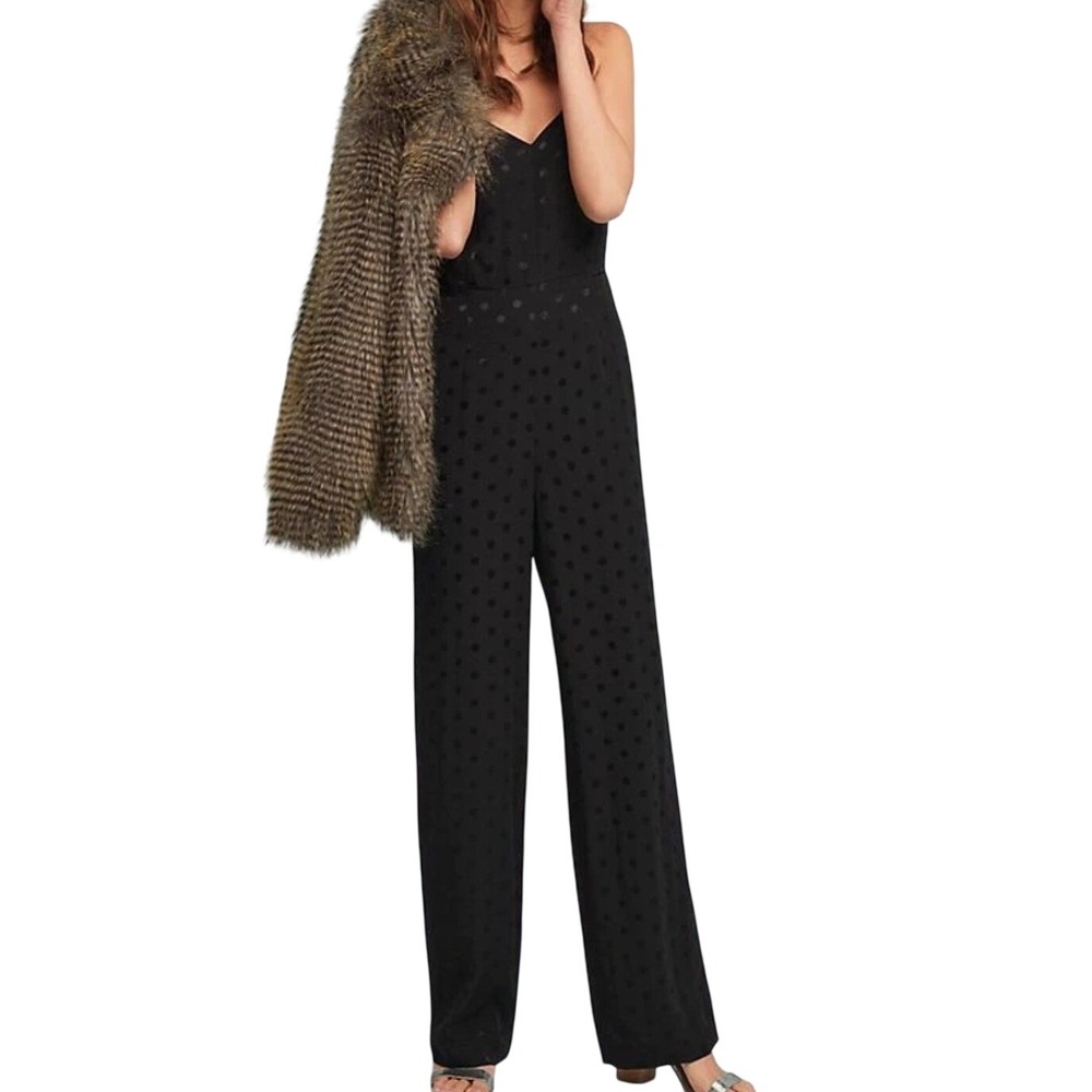 Anthropologie Essential Wide Leg Black Jumpsuit 10 Polka Dot Minimal Transition